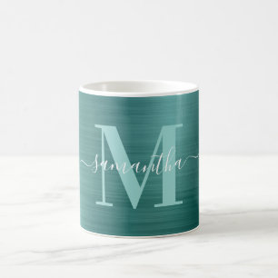 Caneca De Café Monograma de Assinatura Metálico Aqua Teal