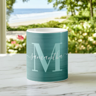 Caneca De Café Monograma de Assinatura Metálico Aqua Teal