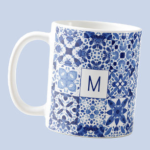 Caneca De Café Monograma de Azulejo Branco Branco Azul-mediterrân