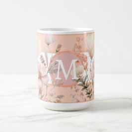 Caneca De Café Monograma de belas flores silvestres rosa e pêsseg