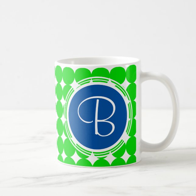 Caneca De Café Monograma de Bolinhas Azul e Verde (Direita)