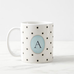 Caneca De Café Monograma de Bolinhas brancas preto e antigo (azul