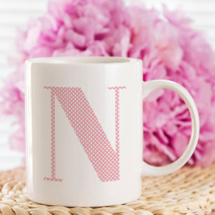 Caneca De Café Monograma de Bolinhas Rosa e Branco