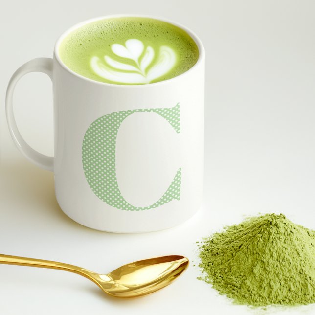 Caneca De Café Monograma de Bolinhas Verde-claro e Branco (Pale Green and White Polka Dot Monogram Coffee Mug)