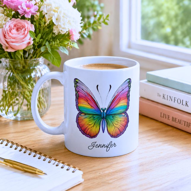 Caneca De Café Monograma de Borboleta Arco-íris (Criador carregado)