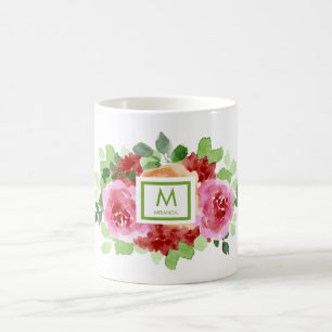 Caneca De Café Monograma de Buquê Floral Elegante