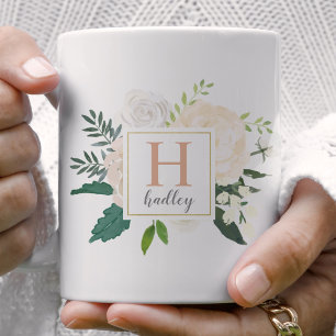 Caneca De Café Monograma de Buquê Floral em Dourado Rosado