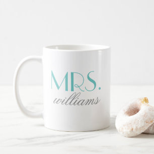 Caneca De Café Monograma de Casamento Elegante Aqua Mrs