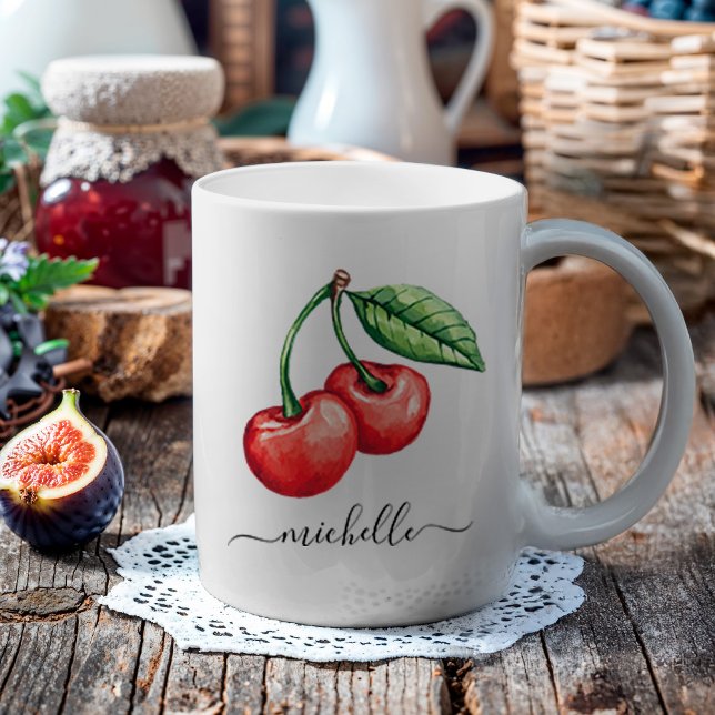 Caneca De Café Monograma de Cerejas de Aquarela (These watercolor red cherries make a great fruit design, and you can personalize this with your name)