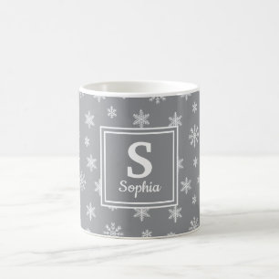 Caneca De Café Monograma de Cinza branco de flocos de neve de Nat