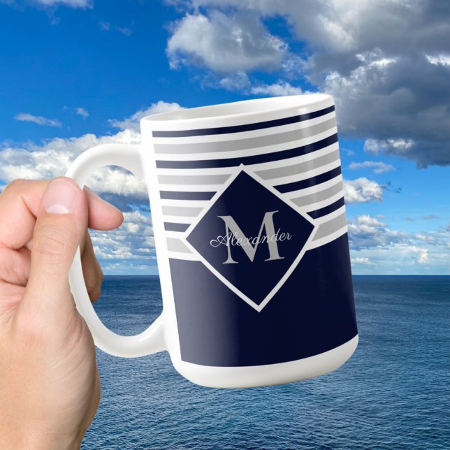 Caneca De Café Monograma de Cinzas Azul Marinho Moderno Náutico (Criador carregado)