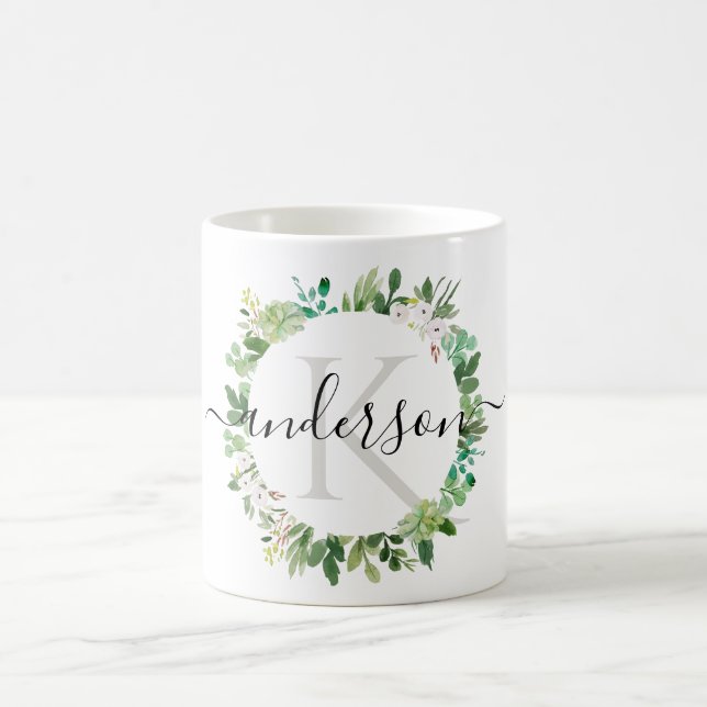 CANECA DE CAFÉ MONOGRAMA DE COR DA FOLIAGEM DE WREATH SUCCULENTA  (Centro)