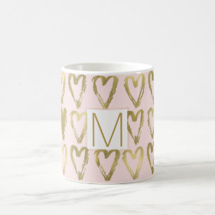 Caneca De Café Monograma de cor rosa e coração Dourado