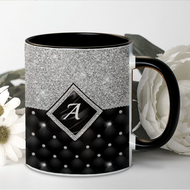Caneca De Café Monograma de diamante preto Crystal Silver na moda (Criador carregado)