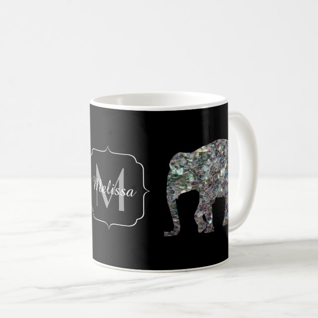 Caneca De Café Monograma de elefante de mosaico prateado cintilan (Frente Esquerda)