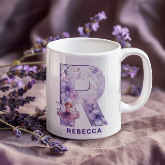 Caneca De Café Monograma de Fada Lilaca Personalizada R