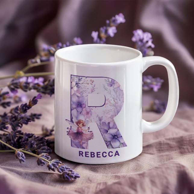 Caneca De Café Monograma de Fada Lilaca Personalizada R (Personalized Lilac Fairy Monogram R Coffee Mug)