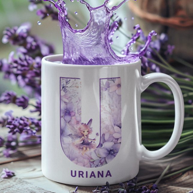 Caneca De Café Monograma de Fada Lilaca Personalizada U (Personalized Lilac Fairy Monogram U Coffee Mug)