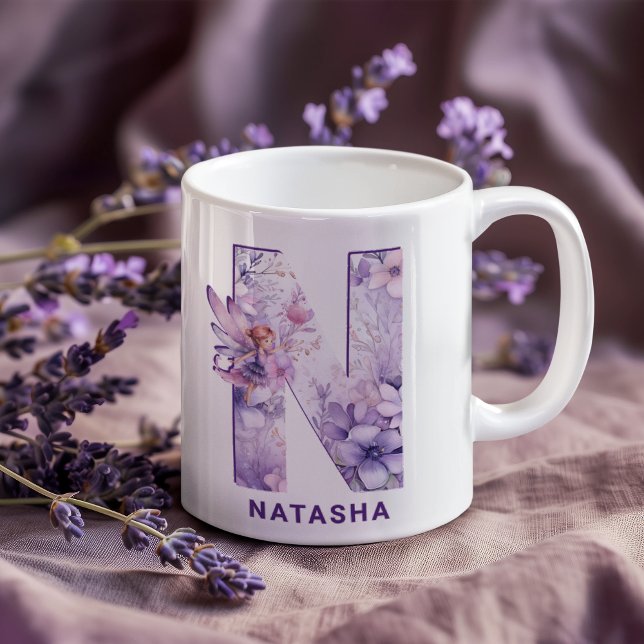 Caneca De Café Monograma de Fada Lilática Personalizada N (Personalized Lilac Fairy Monogram N Coffee Mug)