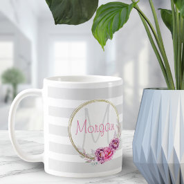Caneca De Café Monograma de faixas de borda Dourada floral Elegan