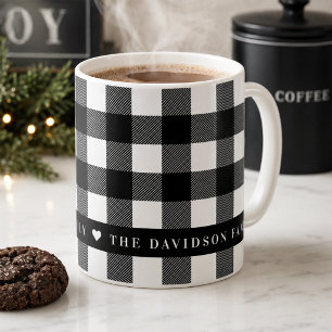 Caneca De Café Monograma de Família em Xadrez Preto e Branco Buff