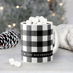 Caneca De Café Monograma de Família em Xadrez Preto e Branco Buff
