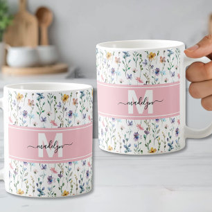 Caneca De Café Monograma de Flor Botânica Elegante em Letra de Fo