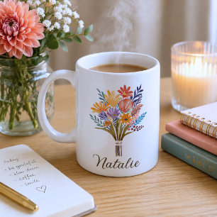 Caneca De Café Monograma de Flor Silvestre Boho