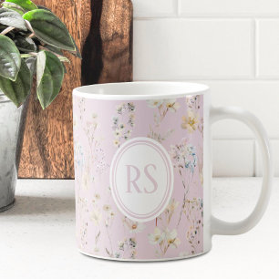 Caneca De Café Monograma de Flor Silvestre Rosa Corada