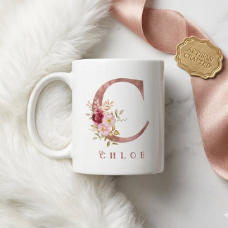 Caneca De Café Monograma de Floral Dourado Rosa Personalizado Let