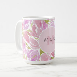 Caneca De Café Monograma de Flores de Aquarela Rosa Boho Moderno