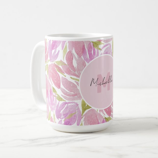 Caneca De Café Monograma de Flores de Aquarela Rosa Boho Moderno (Frente Esquerda)
