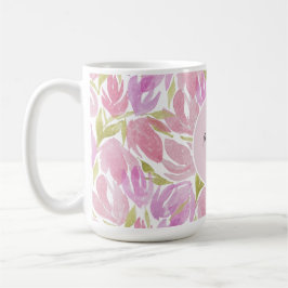 Caneca De Café Monograma de Flores de Aquarela Rosa Moderno