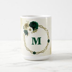 Caneca De Café Monograma de flores esmeralda verde marfim dourado