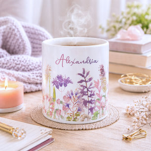 Caneca De Café Monograma de Flores Silvestres Pastel