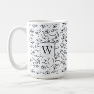 Caneca De Café Monograma de Folhagem de Flores Brancas e Azuis Qu