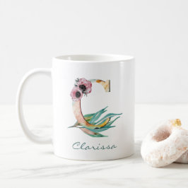 Caneca De Café Monograma de Folhagem Floral C Watercolor Blush
