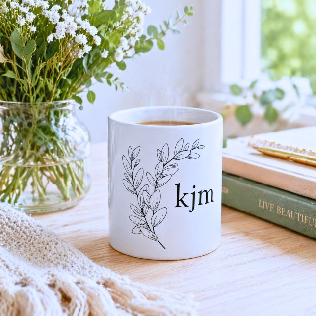 Caneca De Café Monograma de Folhagem Minimalista (Criador carregado)