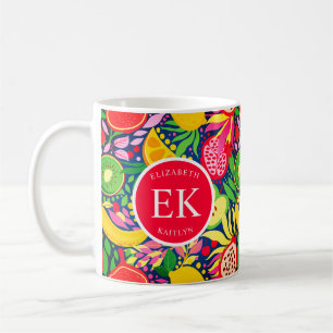 Caneca De Café Monograma de Fruta tropical Padrão de Verão de Aqu