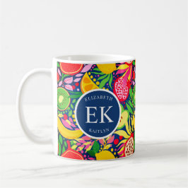 Caneca De Café Monograma de Frutas Tropicais em Aquarela Padrão d