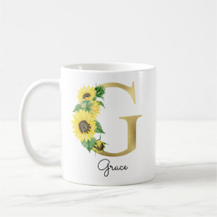 Caneca De Café Monograma de Girassol Dourado Floral Feminino Inic