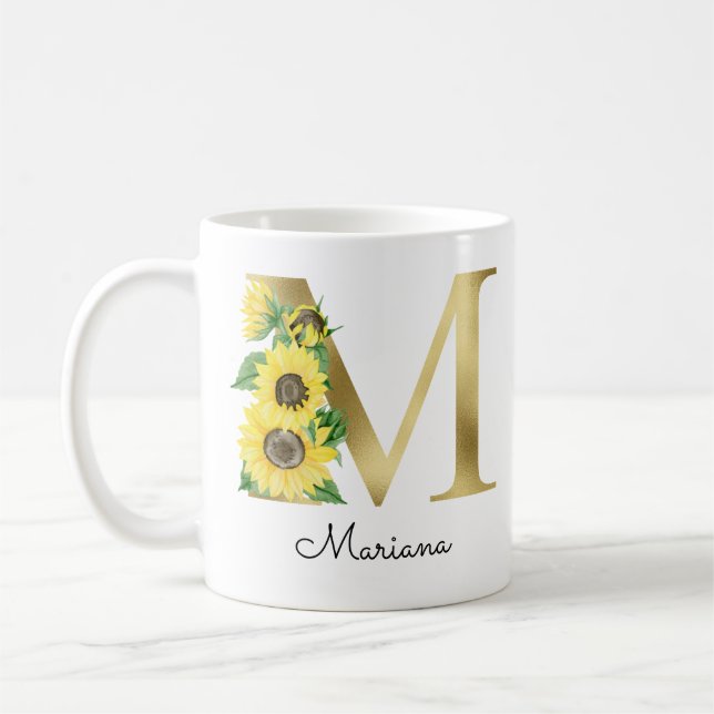 Caneca De Café Monograma de Girly Flor de Girassol Dourada Inicia (Esquerda)