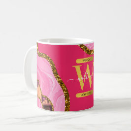 Caneca De Café Monograma de Glitter de Geodo de Agato Rosa e Dour