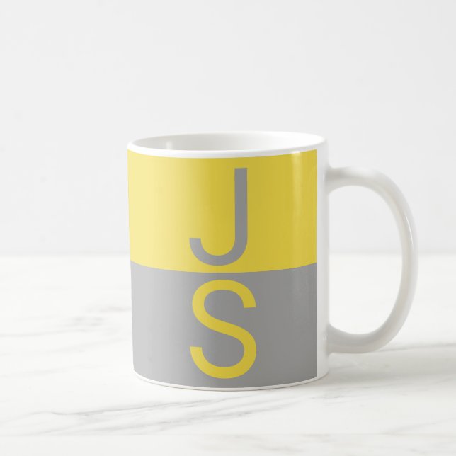 Caneca De Café Monograma de Iniciais Modernas Amarelo e Cinza (Direita)