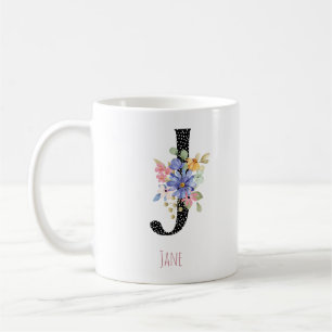 Caneca De Café Monograma de J em Aquarela Floral com Pontos Preto