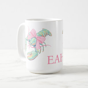 Caneca De Café Monograma de Lagosta em Aquarela Pastel Preppy
