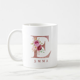 Caneca De Café Monograma de letra E floral em ouro rosa personali