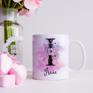 Caneca De Café Monograma de Letra Preta Floral Rosa Roxo I