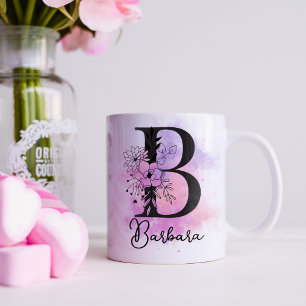 Caneca De Café Monograma de Letra Preta Floral Roxo Rosa B