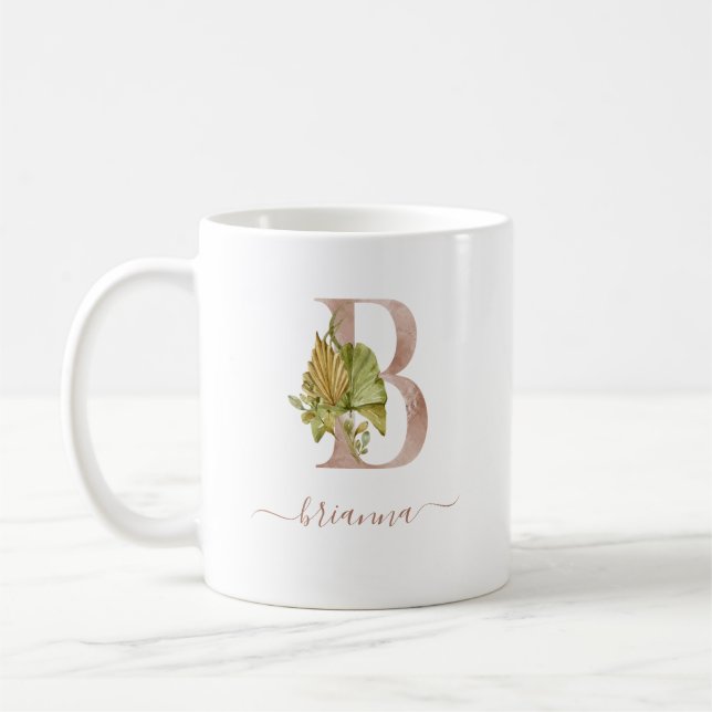 Caneca De Café Monograma de Letra Tropical em Aquarela Boho "B" (Esquerda)